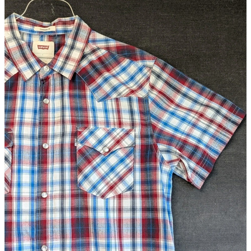 Levi's Western Shirt Men's Large Pearl Snap Short Sleeve Standard Fit Red Plaid
